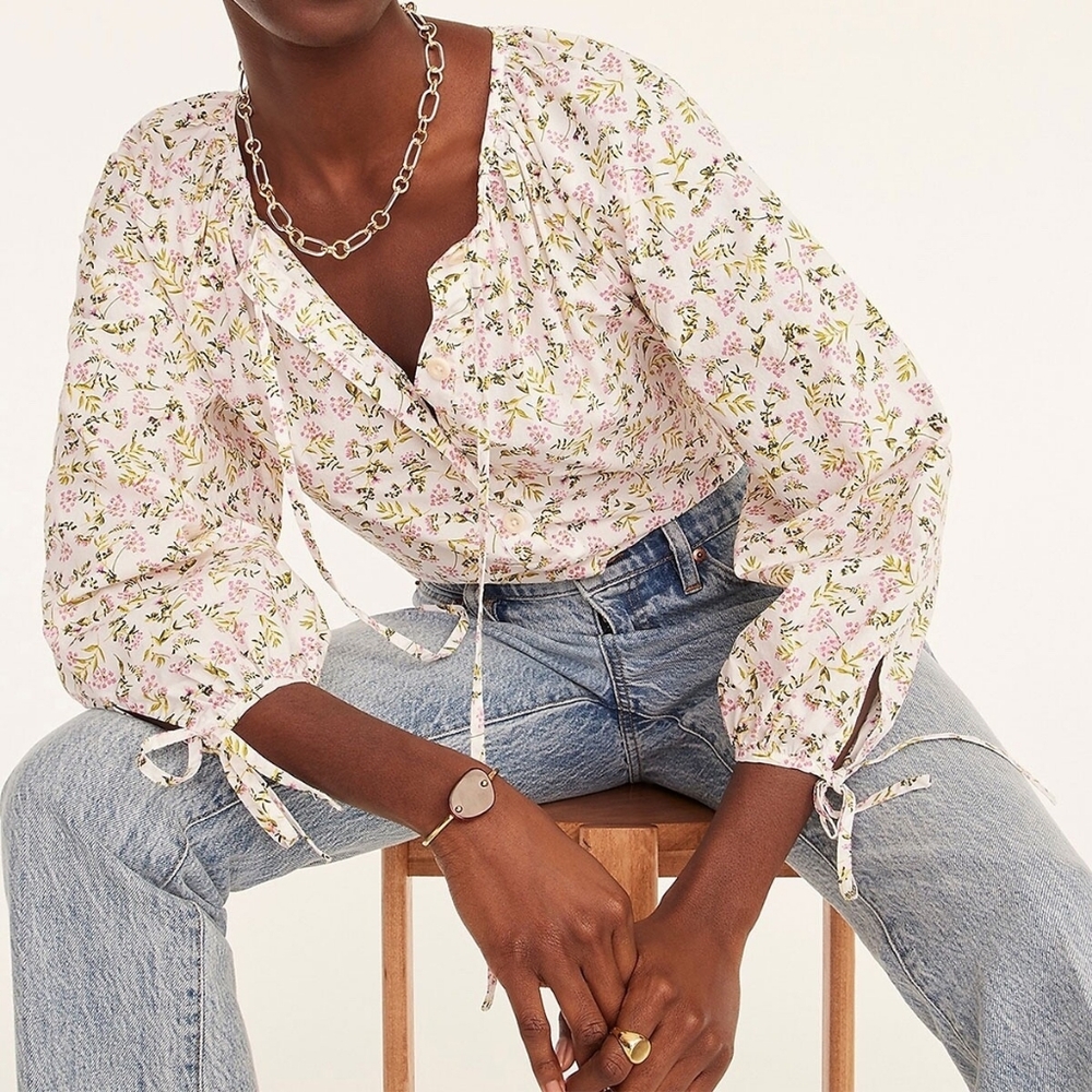 J. Crew Tie Front Pink Floral Poplin Top